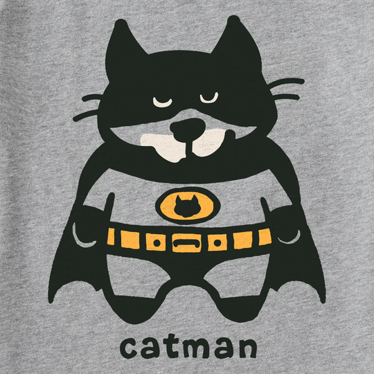 Gray t-shirt with a cartoon cat in a superhero costume labeled 'catman' on a gray background