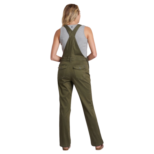 Person wearing green overalls on a white background