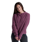 Woman wearing a purple hoodie on a white background
