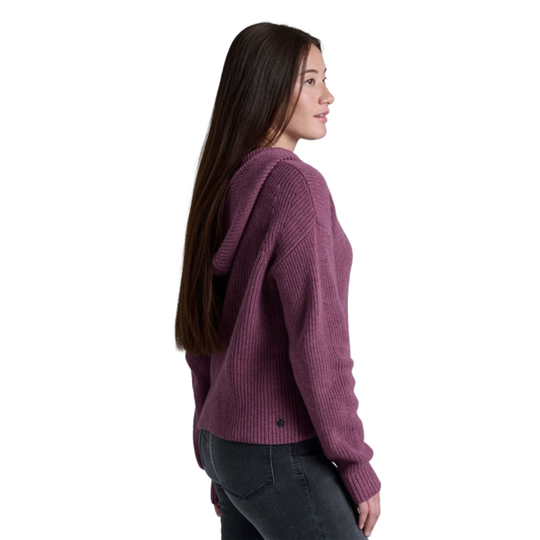 Woman wearing a purple hoodie on a white background