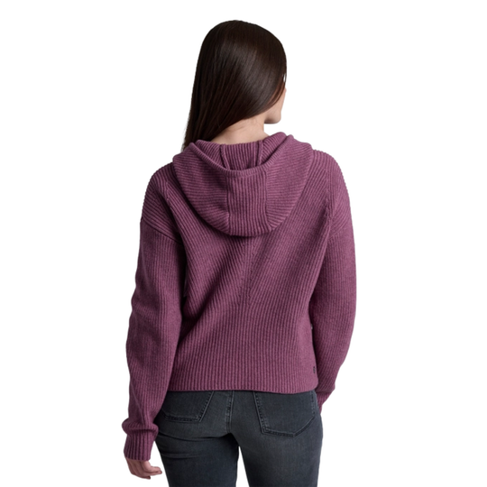 Person wearing a purple hoodie from behind on a white background