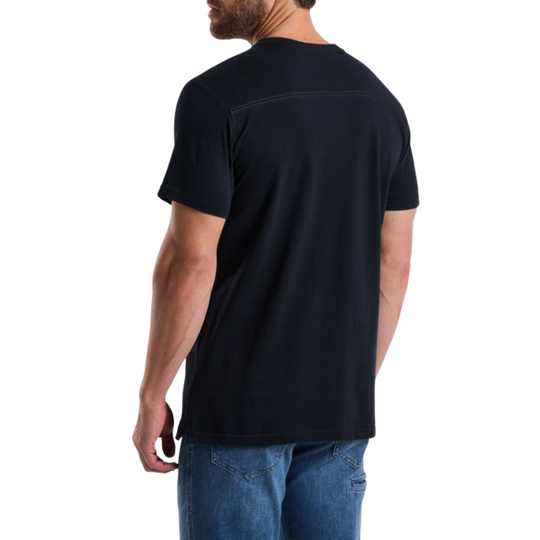Person wearing a black t-shirt and blue jeans on a white background