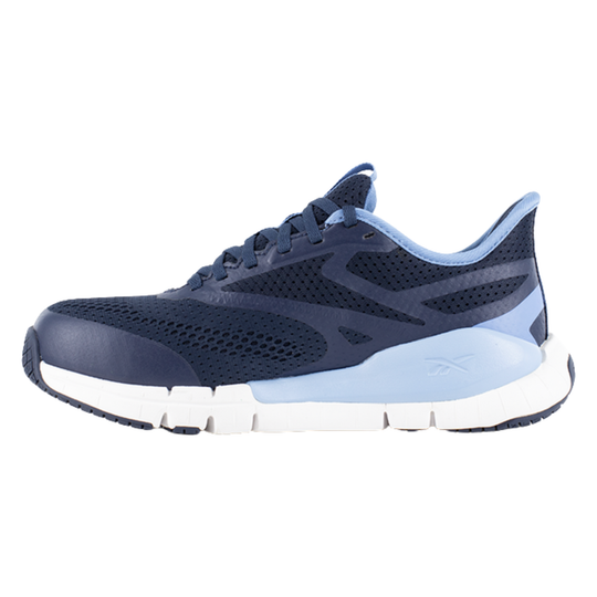 Navy and light blue running shoe on a white background