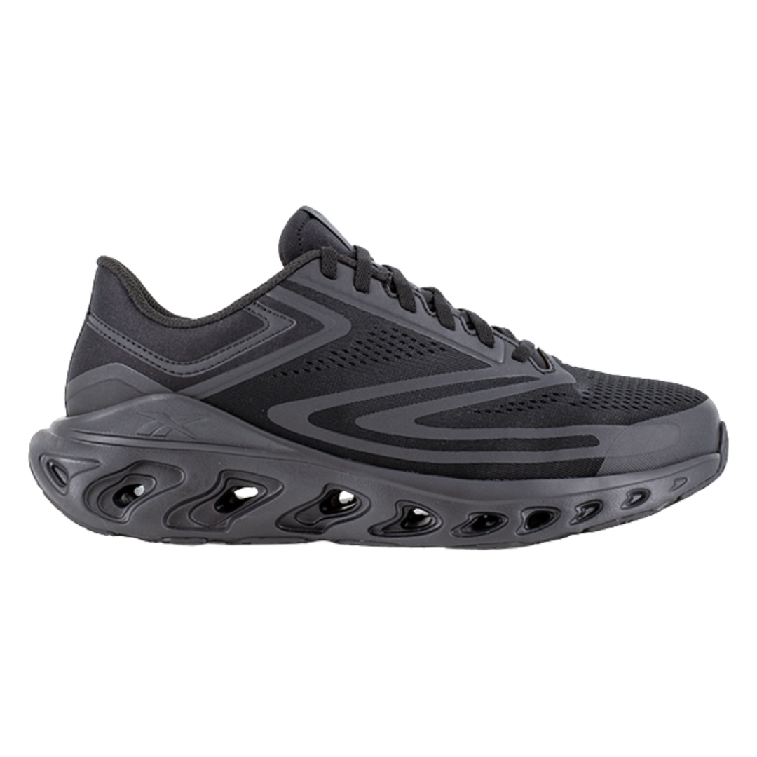 Black athletic shoe with unique sole design on a white background
