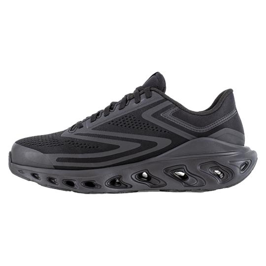Black athletic shoe with unique sole design on a white background