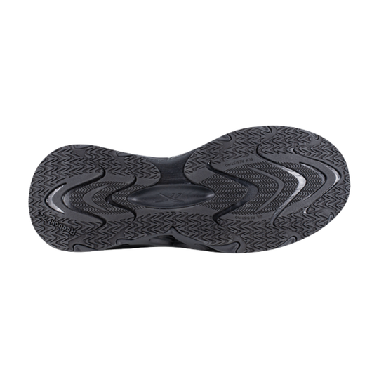 Black shoe sole with tread pattern on a white background