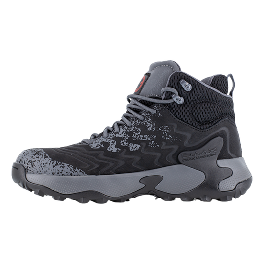 Black and gray hiking boot on a white background