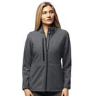 Woman wearing a gray full-zip jacket on a white background