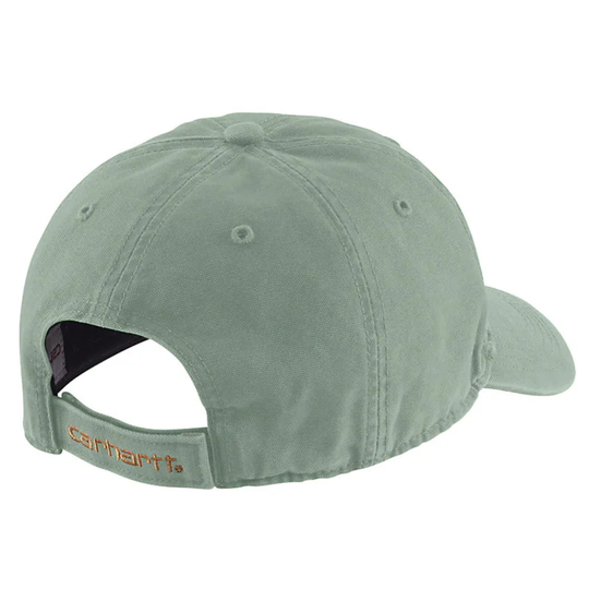 Sage green baseball cap with an adjustable back strap and embroidered text on the back