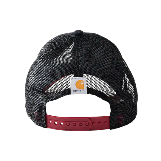 Black mesh cap with red brim and Carhartt logo on a white background