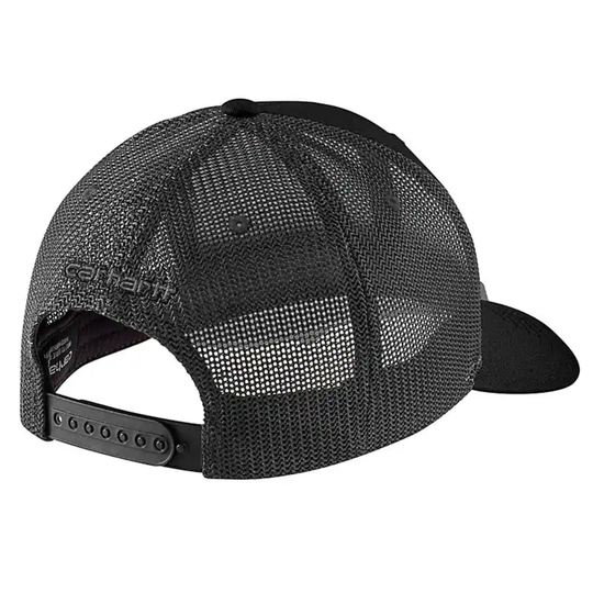Black mesh trucker cap with curved brim and snapback closure