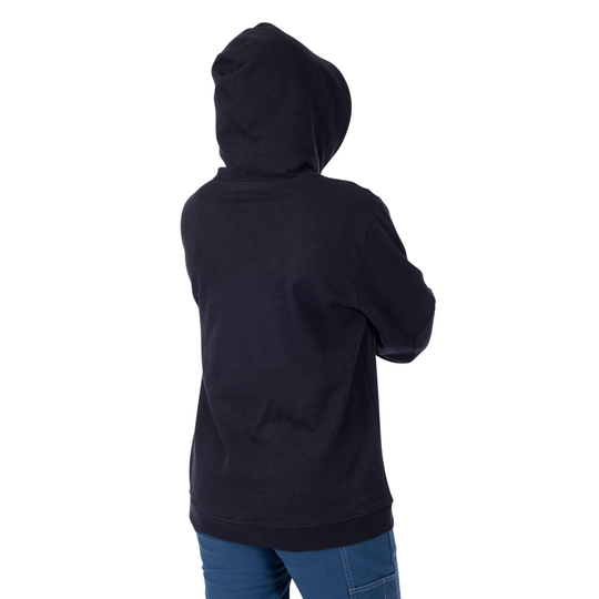 Person wearing a black hoodie from behind on a white background
