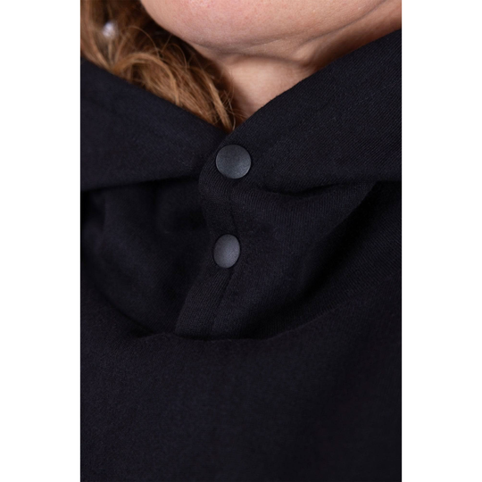 Close-up of a black coat with buttons on a white background