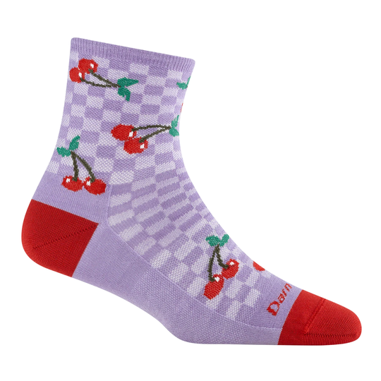 Purple sock with cherry design on a white background