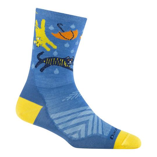 Blue sock with cartoon tiger design on a white background