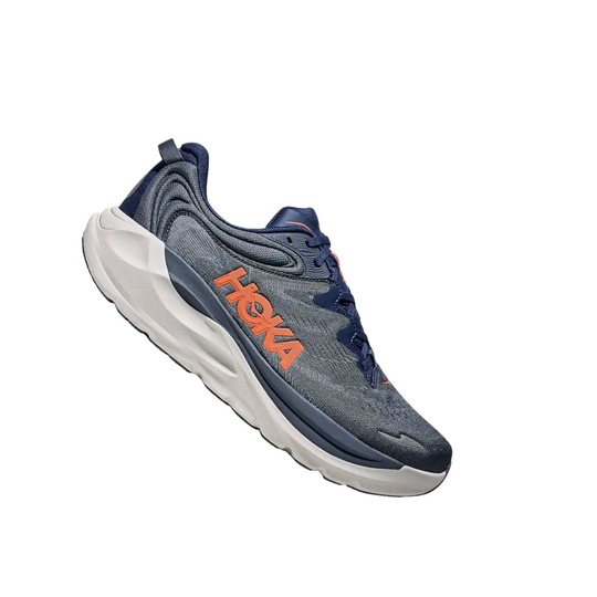 Gray and navy running shoe with orange HOKA logo and white midsole