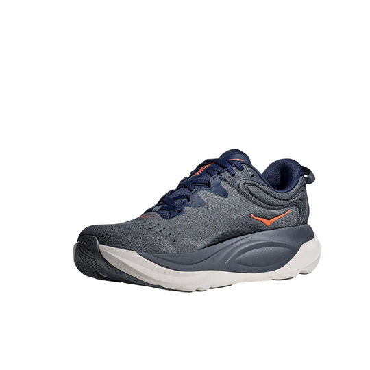 Gray running shoe with orange accents on a white background