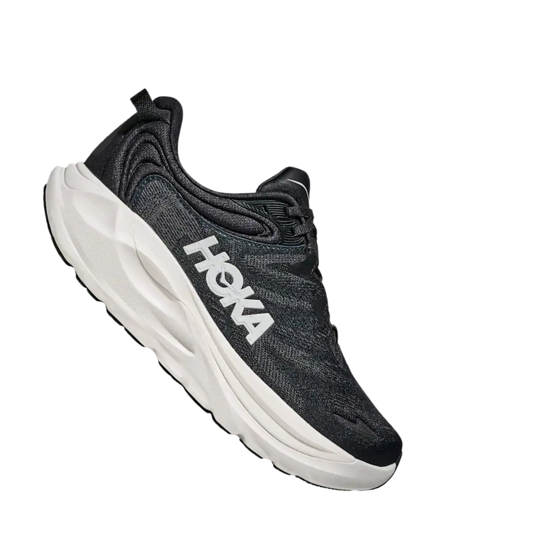 Black running shoe with white sole on a white background