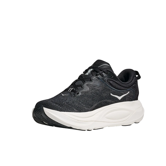 Black running shoe with white sole on a white background