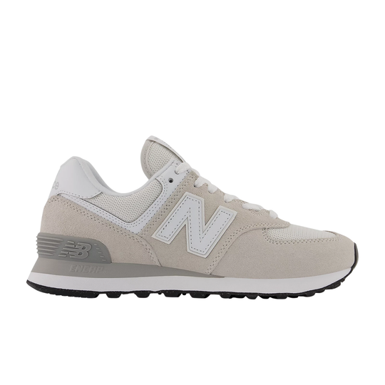Light gray low-top sneaker with suede and mesh panels, white laces, and a white midsole