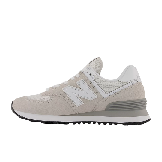 Light gray suede-and-mesh low-top sneaker with white side logo and black tread outsole, side view
