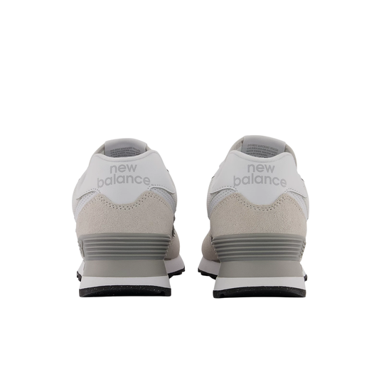 Rear view of pair of light gray and white New Balance sneakers with gray midsoles and black outsoles
