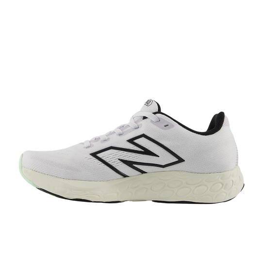 White running shoe with black logo and cream foam sole, side view