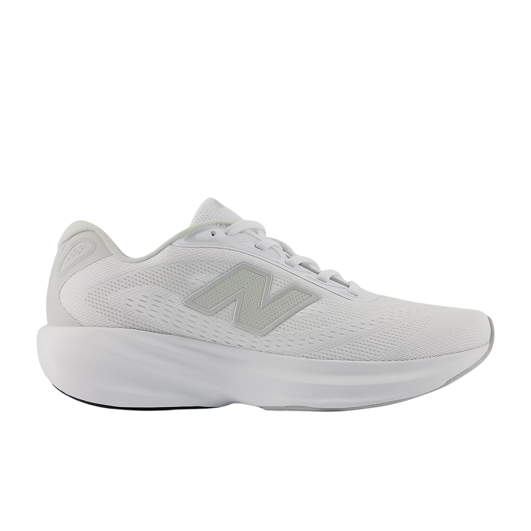 White low-top running shoe with light gray side logo and thick white sole