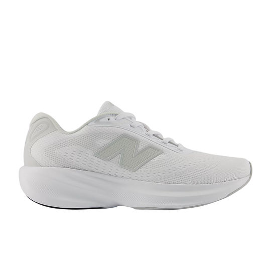 White low-top running shoe with light gray side logo and thick white sole