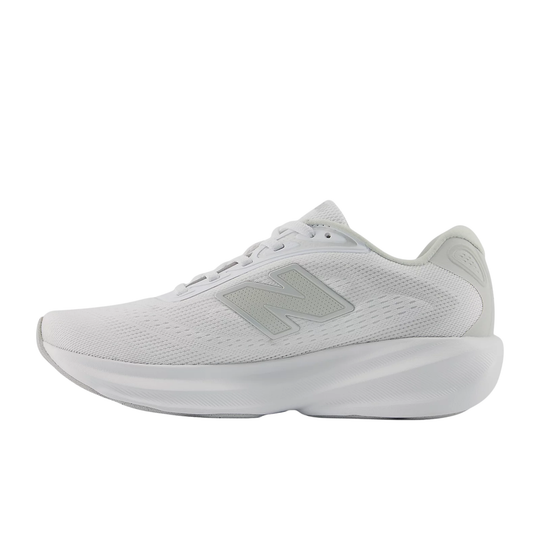 White running shoe with a gray side logo and thick cushioned sole, shown in profile on a white background