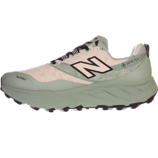 Light green and beige trail running shoe with black laces, large side logo, and GORE-TEX branding