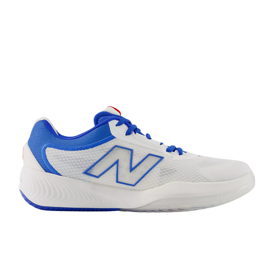 White and blue sneaker with New Balance logo on a white background