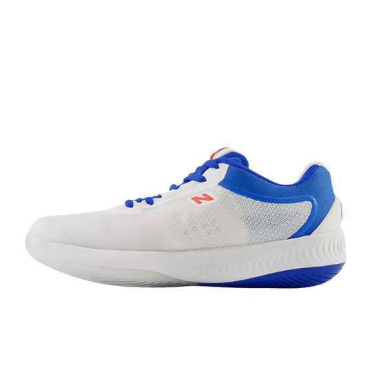 White and blue athletic shoe on a white background