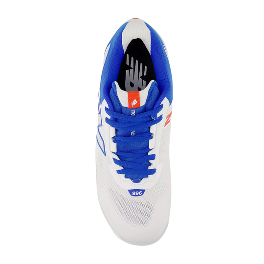 White and blue athletic shoe with red accents on a white background