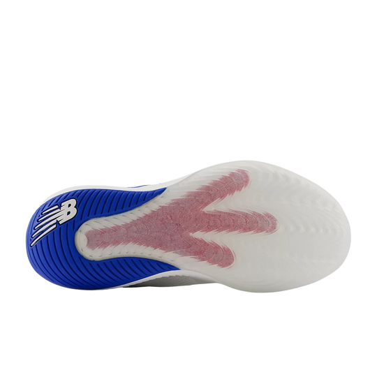 Close-up of a sports shoe sole with blue and white design on a white background