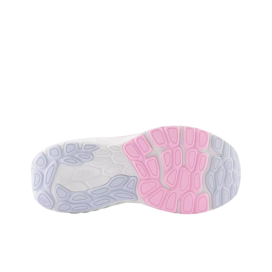 Close-up of a shoe sole with pink and gray patterns on a white background