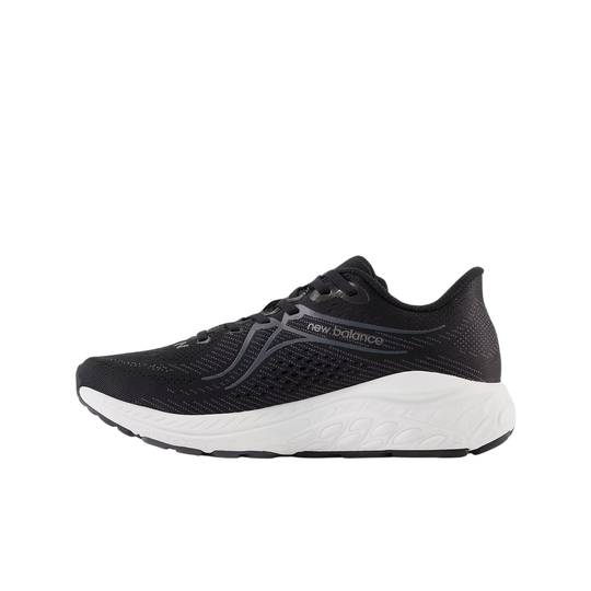 Black running shoe with white sole on a white background