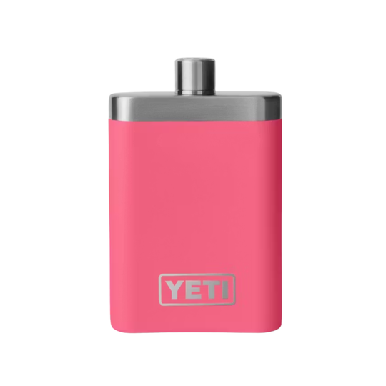 Pink YETI branded flask on a white background