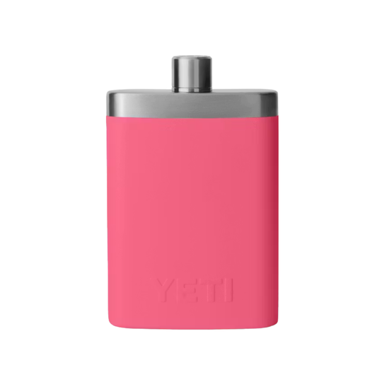 Pink YETI flask with silver lid on a white background