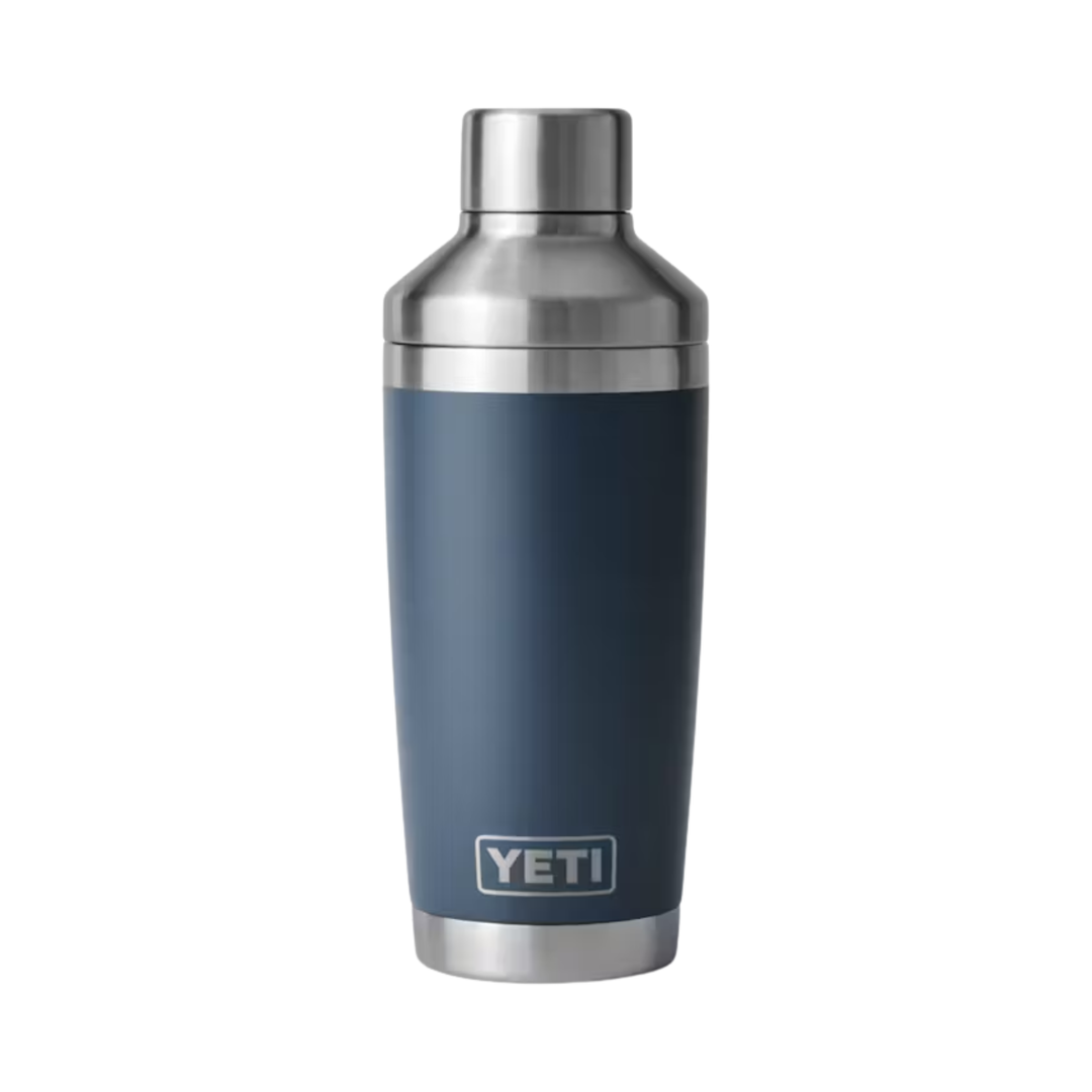 Blue YETI insulated bottle with silver lid on a white background