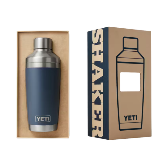 Blue YETI shaker in packaging with branded box on a white background