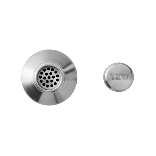 Metallic sink strainer with 'YETI' logo on a white background