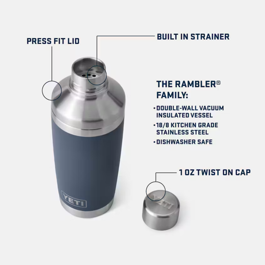 YETI Rambler family insulated vessel with features highlighted on a white background