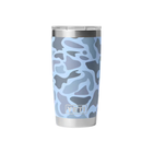 Stainless steel tumbler with blue camouflage pattern on a white background