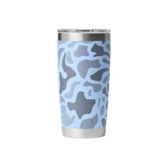 Stainless steel tumbler with blue and gray camouflage pattern on a white background