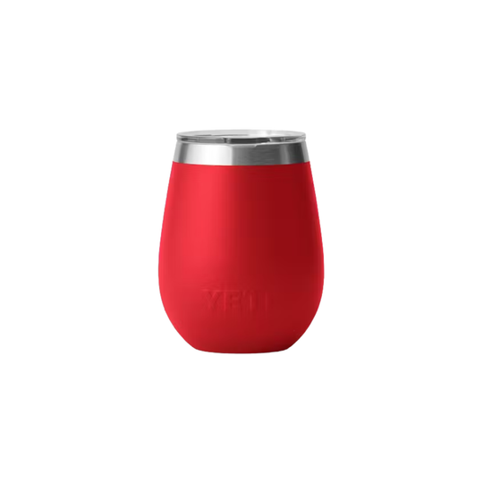 Red wine tumbler with silver rim on a white background