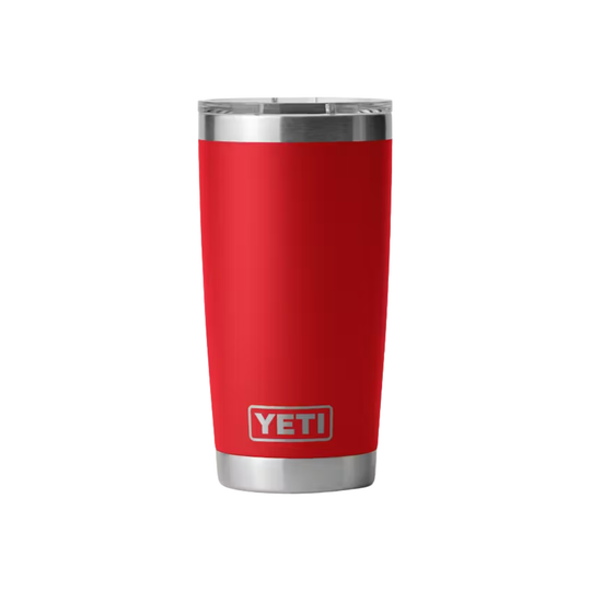 Red YETI tumbler with silver rim on a white background