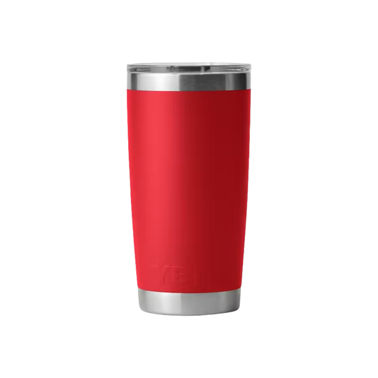 Red tumbler with a silver rim on a white background