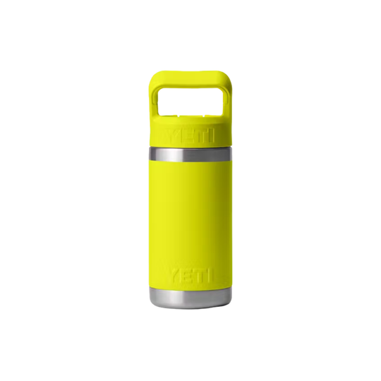 Yellow YETI bottle with a silver base and lid on a white background