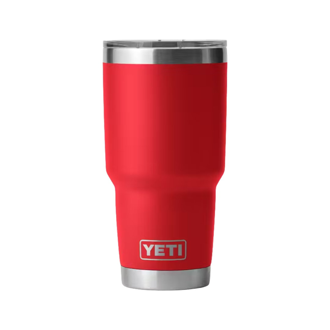 Red insulated tumbler with a silver lid and base, shown front view